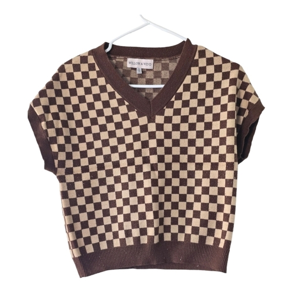 Willow&Wind Womens Checkered Pattern Print Brown&Tan Vest Sweater Sz Small - Picture 1 of 8